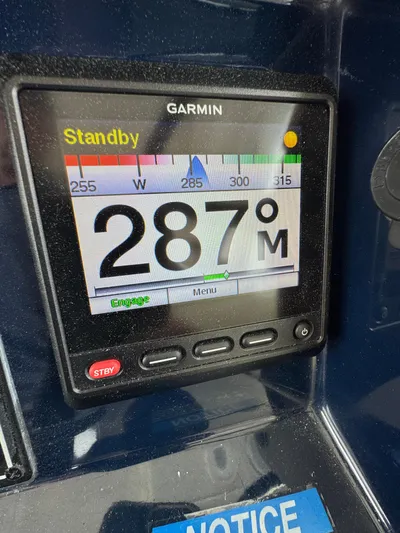  Yacht Photos Pics Garmin navigation display on 2019 Pursuit DC 365 Dual Console, showing heading 287 degrees.