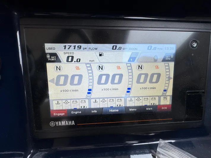  Yacht Photos Pics Yamaha display on 2019 Pursuit DC 365 Dual Console showing engine metrics and settings.