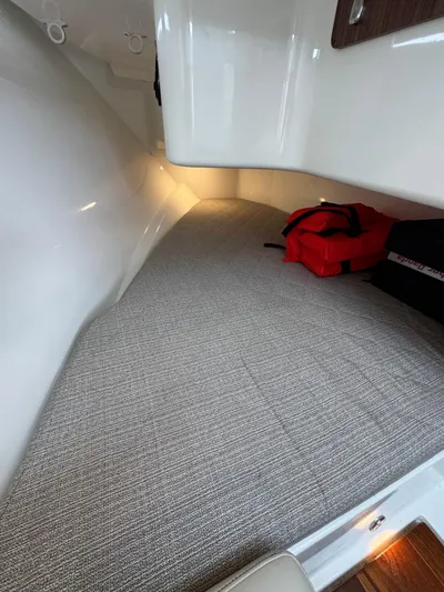  Yacht Photos Pics 2019 Pursuit DC 365 Dual Console interior cabin with carpet and life jackets.