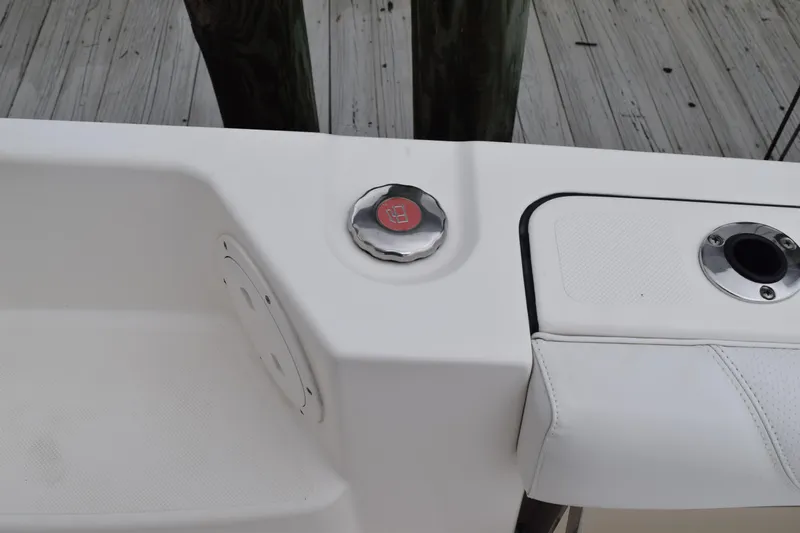  Yacht Photos Pics 2022 Pursuit OS 355 Offshore boat deck detail with fuel cap and seating.