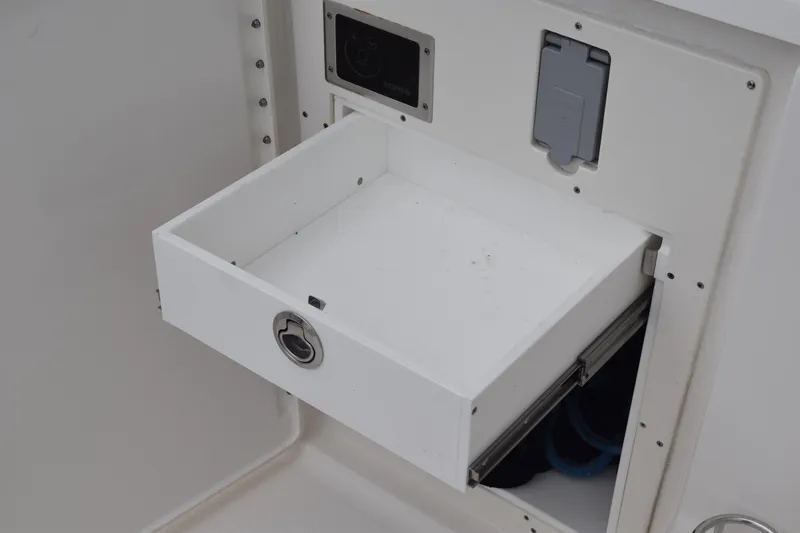  Yacht Photos Pics Open storage compartment on 2022 Pursuit OS 355 Offshore boat.