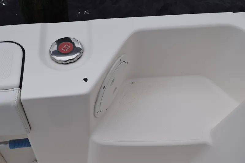  Yacht Photos Pics 2022 Pursuit OS 355 Offshore boat detail with chrome cap and white deck.