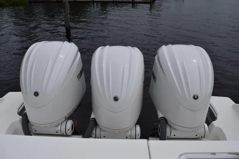  Yacht Photos Pics Triple Yamaha outboard engines on a 2022 Pursuit OS 355 Offshore boat.