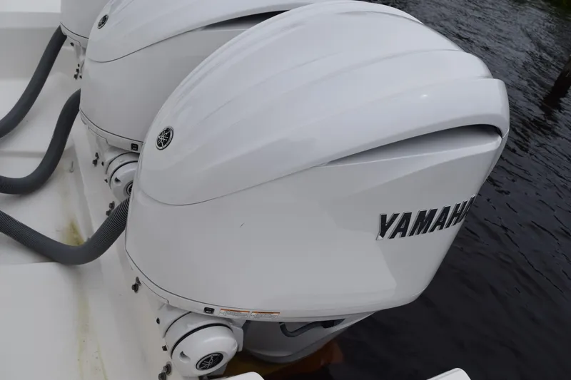  Yacht Photos Pics Twin Yamaha outboard engines on a 2022 Pursuit OS 355 Offshore boat.