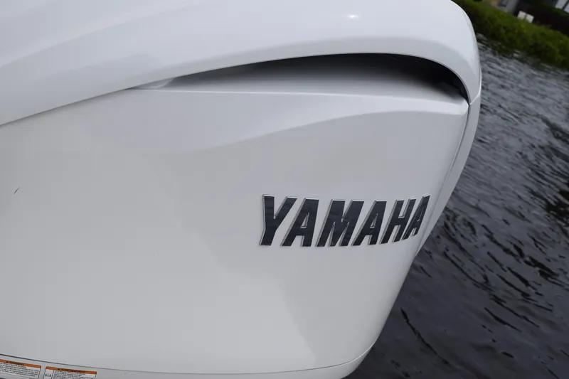  Yacht Photos Pics Close-up of Yamaha engine on 2022 Pursuit OS 355 Offshore boat.