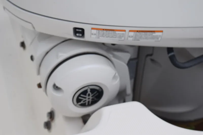  Yacht Photos Pics 2022 Pursuit OS 355 Offshore boat engine detail with Yamaha logo.