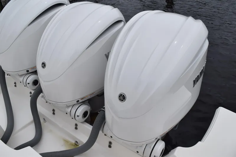  Yacht Photos Pics Triple Yamaha outboard engines on a 2022 Pursuit OS 355 Offshore boat.