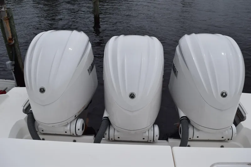  Yacht Photos Pics Triple Yamaha outboard engines on a 2022 Pursuit OS 355 Offshore boat.