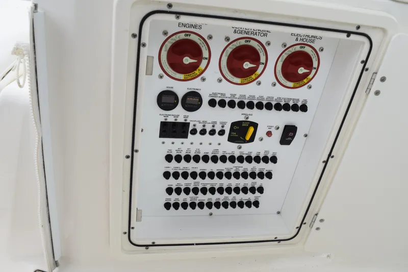  Yacht Photos Pics Electrical control panel on a 2022 Pursuit OS 355 Offshore boat.