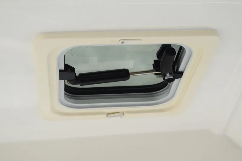  Yacht Photos Pics 2022 Pursuit OS 355 Offshore boat hatch with handle and hydraulic support.