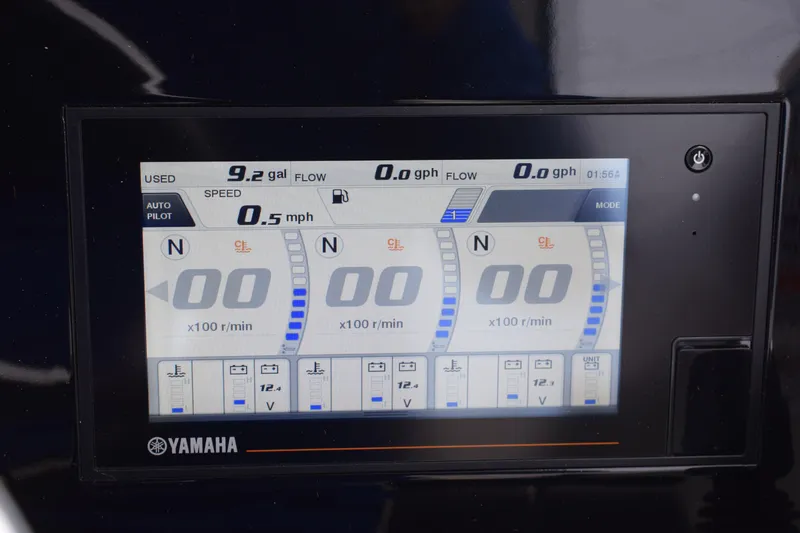  Yacht Photos Pics Yamaha display on 2022 Pursuit OS 355 Offshore showing speed, fuel, and engine data.