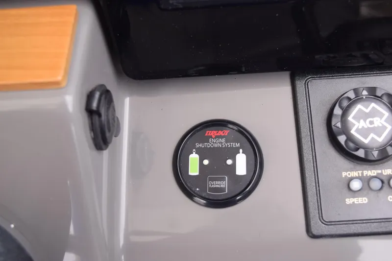  Yacht Photos Pics Control panel of 2022 Pursuit OS 355 Offshore boat with engine shutdown system.