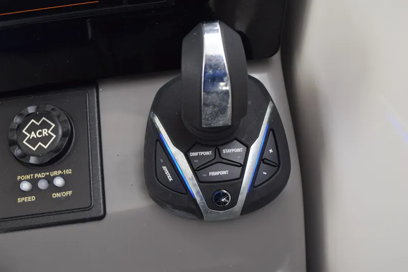  Yacht Photos Pics Control panel of 2022 Pursuit OS 355 Offshore boat with joystick and buttons.