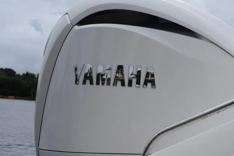  Yacht Photos Pics Close-up of Yamaha engine on 2022 Pursuit OS 355 Offshore boat.