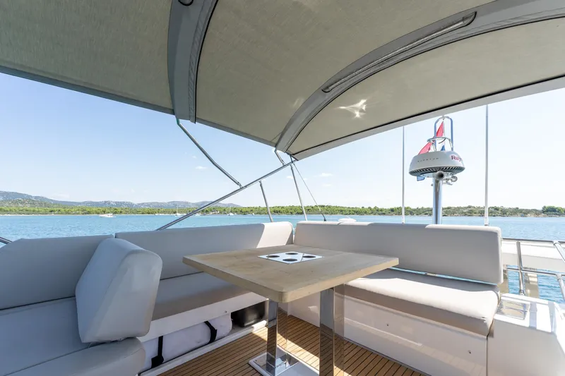 The Sun Yacht Photos Pics Luxurious 2020 Prestige 590 yacht deck with seating and scenic ocean view.