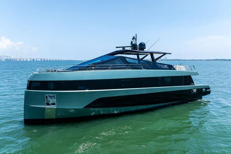 Matzu II Yacht Photos Pics Luxury 2023 Wally WHY 150 yacht on calm blue waters, sleek modern design.