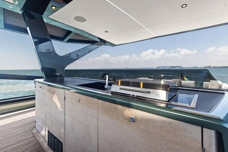Matzu II Yacht Photos Pics Luxury yacht Wally WHY 150, 2023 model, featuring a sleek outdoor kitchen with ocean view.