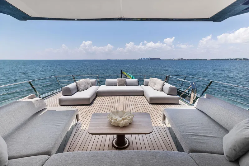 Matzu II Yacht Photos Pics Luxurious deck of 2023 Wally WHY 150 yacht with ocean view and elegant seating.