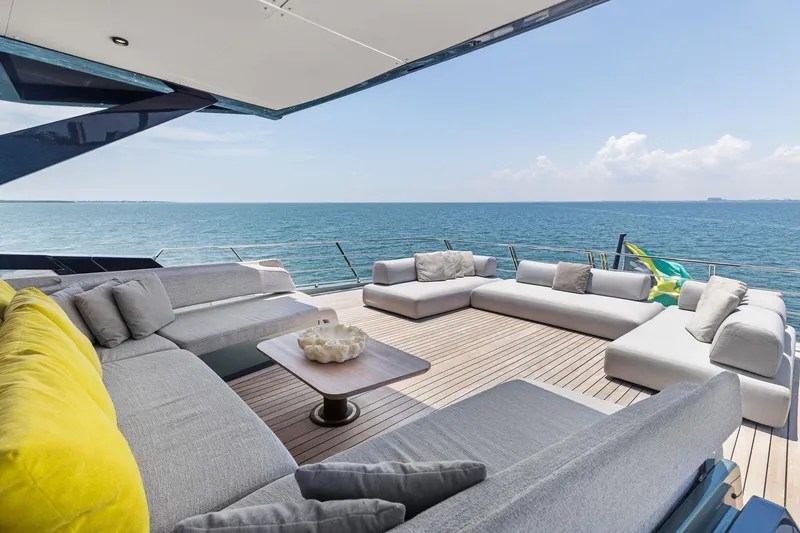 Matzu II Yacht Photos Pics Luxurious 2023 Wally WHY 150 yacht deck with modern seating and ocean view.