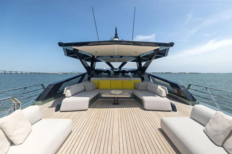 Matzu II Yacht Photos Pics Luxurious 2023 Wally WHY 150 yacht deck with modern seating and ocean view.