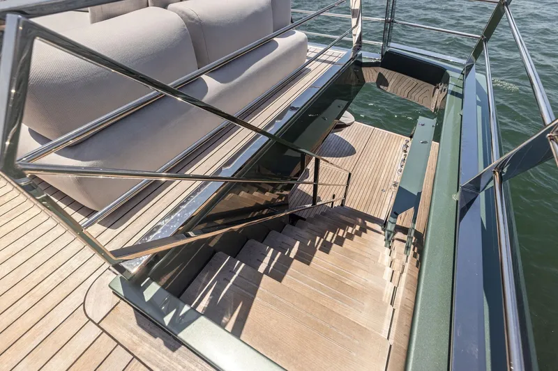 Matzu II Yacht Photos Pics Staircase on 2023 Wally WHY 150 yacht with sleek design and ocean view.
