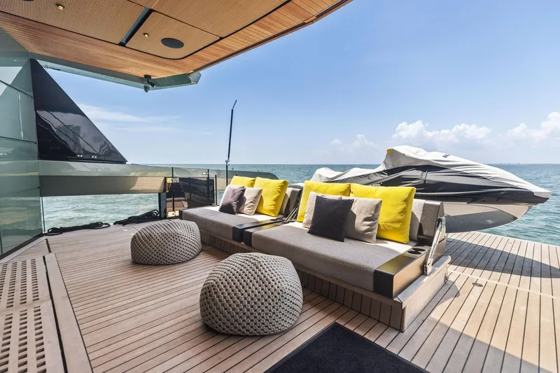 Matzu II Yacht Photos Pics Luxury deck of 2023 Wally WHY 150 yacht with modern seating and sea view.