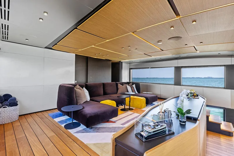 Matzu II Yacht Photos Pics Luxurious interior of 2023 Wally WHY 150 yacht with modern design and ocean view.