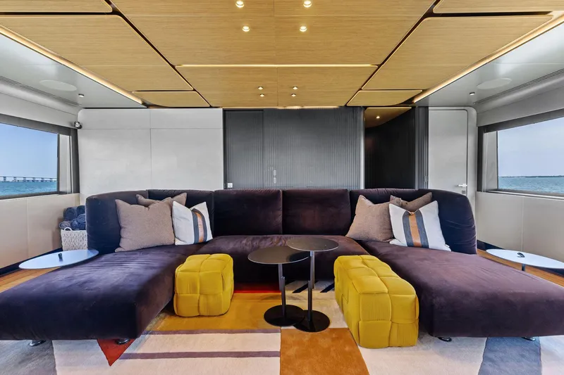 Matzu II Yacht Photos Pics Luxurious interior of 2023 Wally WHY 150 yacht with modern seating and ocean view.