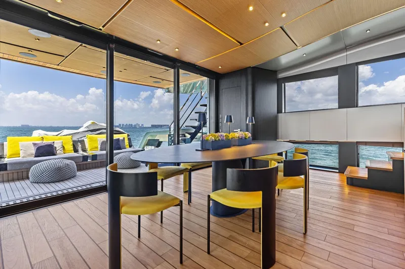 Matzu II Yacht Photos Pics Luxurious interior of 2023 Wally WHY 150 yacht with ocean view and modern decor.