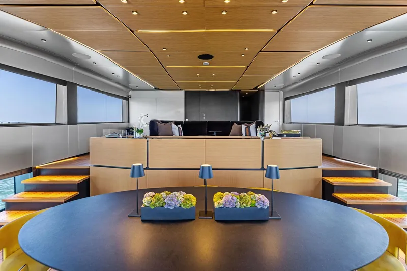 Matzu II Yacht Photos Pics Luxurious interior of 2023 Wally WHY 150 yacht with modern design and elegant decor.