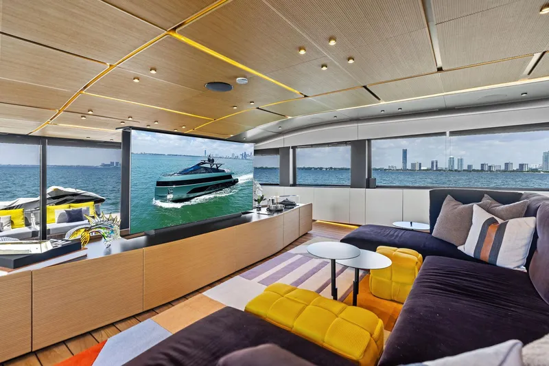 Matzu II Yacht Photos Pics Luxurious interior of 2023 Wally WHY 150 yacht with panoramic ocean views and modern decor.