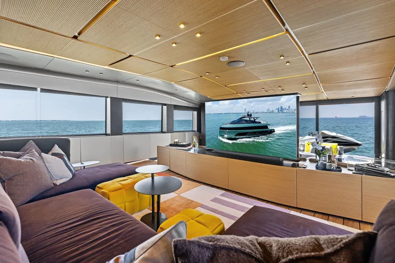 Matzu II Yacht Photos Pics Luxurious interior of 2023 Wally WHY 150 yacht with ocean view and modern decor.