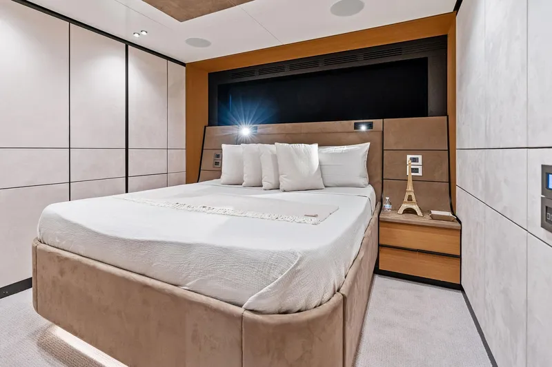 Matzu II Yacht Photos Pics Luxurious bedroom interior on 2023 Wally WHY 150 yacht, featuring modern design and elegant decor.