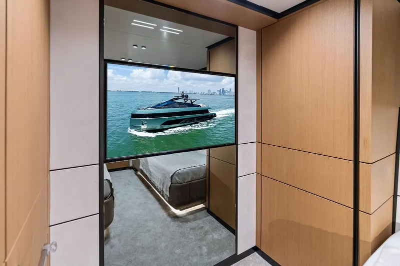 Matzu II Yacht Photos Pics Luxurious interior of 2023 Wally WHY 150 yacht with ocean view through window.