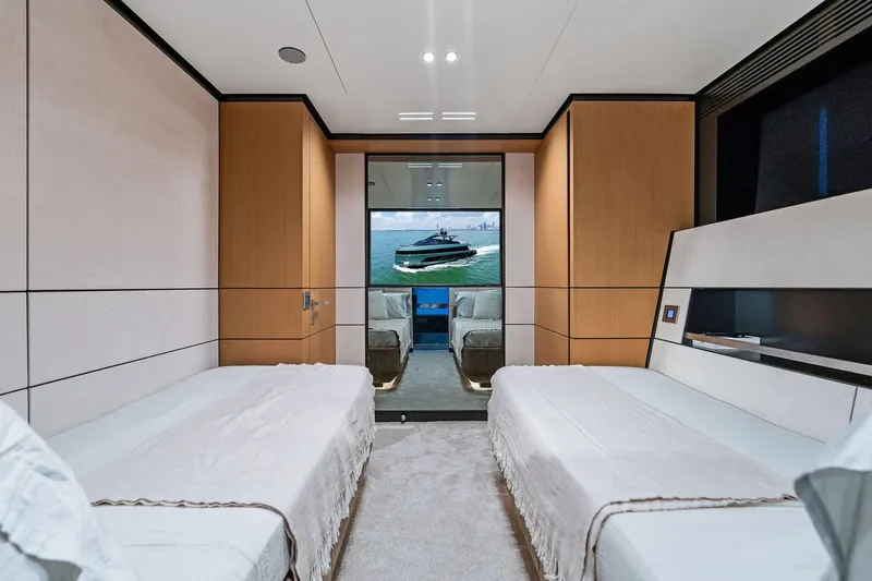 Matzu II Yacht Photos Pics Luxurious interior of 2023 Wally WHY 150 yacht with twin beds and modern design.