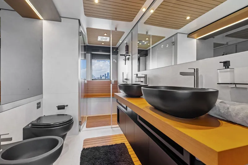 Matzu II Yacht Photos Pics Luxurious bathroom interior on 2023 Wally WHY 150 yacht, featuring modern fixtures and elegant design.