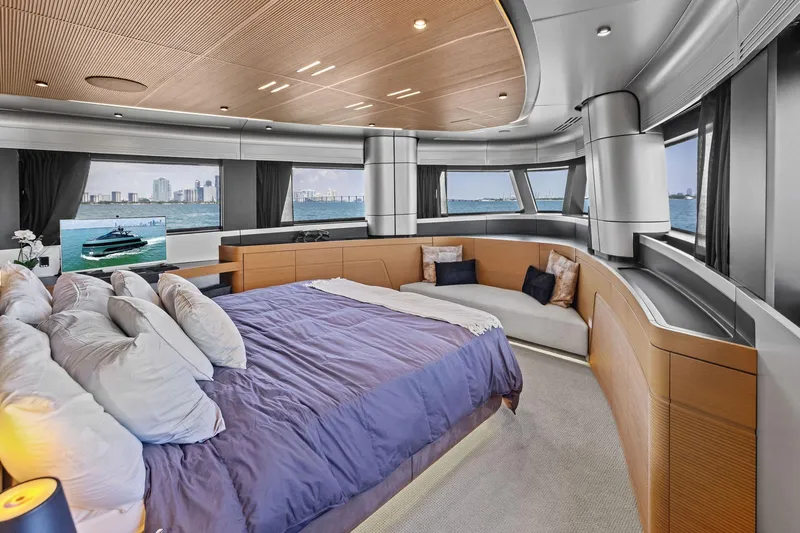 Matzu II Yacht Photos Pics Luxurious bedroom interior of 2023 Wally WHY 150 yacht with ocean view.
