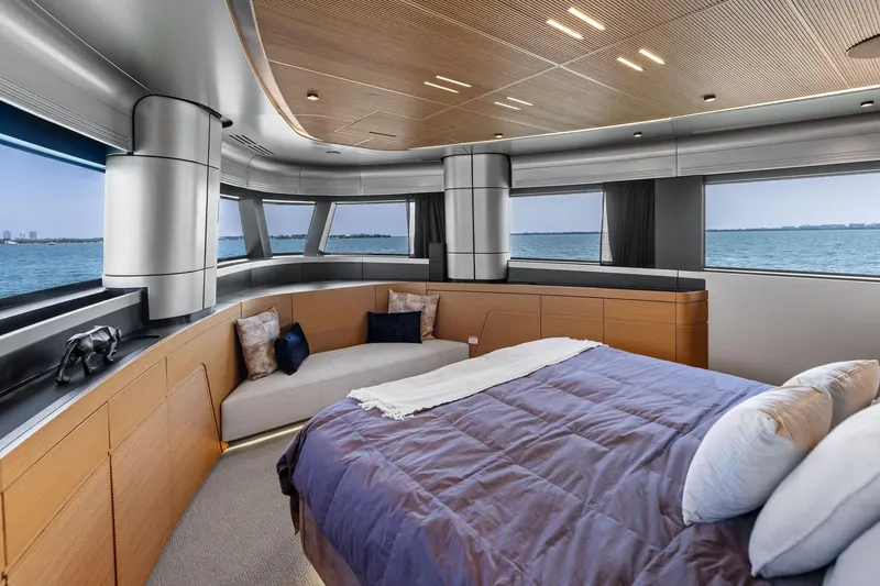 Matzu II Yacht Photos Pics Luxurious 2023 Wally WHY 150 yacht bedroom with panoramic ocean views and modern design.