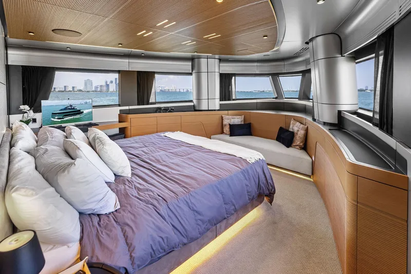 Matzu II Yacht Photos Pics Luxurious bedroom interior of 2023 Wally WHY 150 yacht with ocean view.