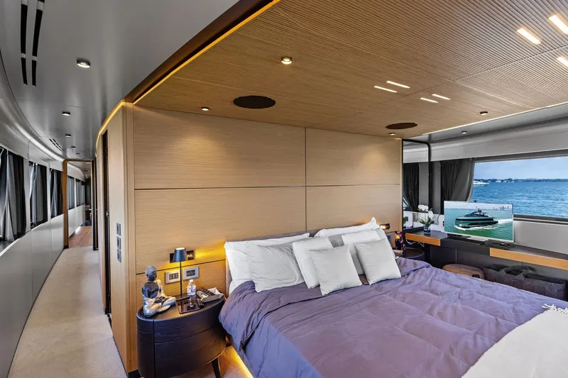 Matzu II Yacht Photos Pics Luxurious bedroom interior of 2023 Wally WHY 150 yacht with ocean view.