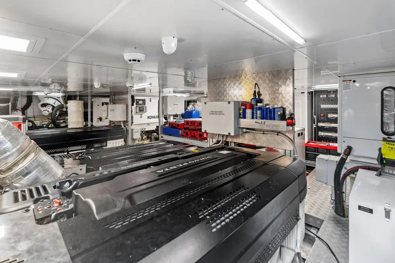 Matzu II Yacht Photos Pics Engine room of 2023 Wally WHY 150 yacht, featuring advanced machinery and equipment.