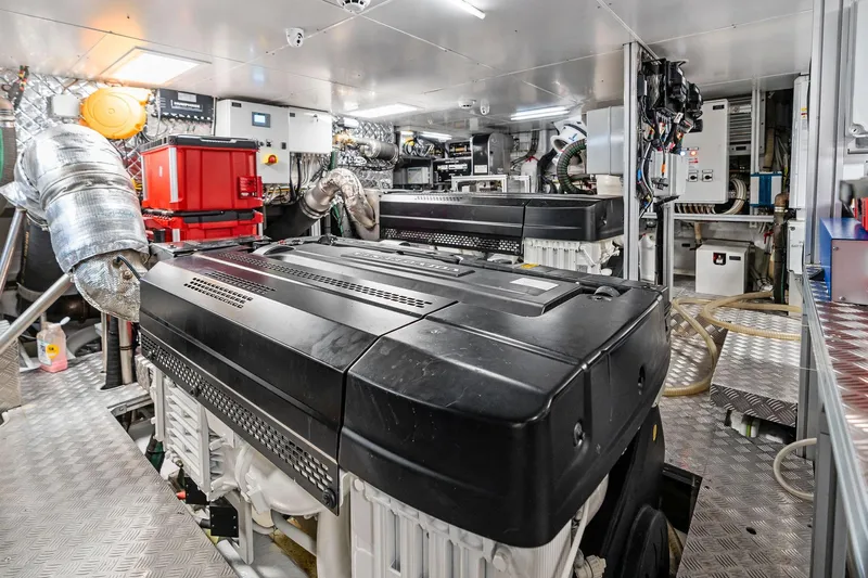 Matzu II Yacht Photos Pics Engine room of 2023 Wally WHY 150 yacht, featuring advanced machinery and equipment.