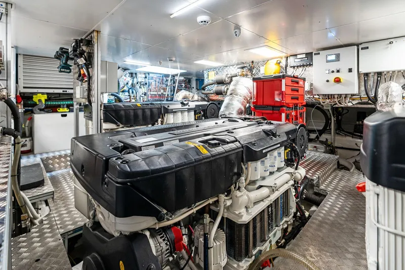 Matzu II Yacht Photos Pics Engine room of 2023 Wally WHY 150 yacht, featuring advanced machinery and equipment.