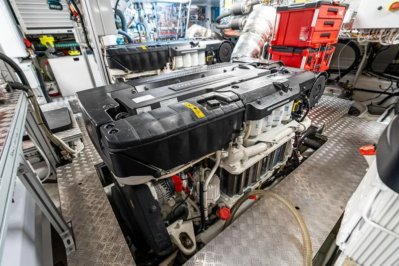 Matzu II Yacht Photos Pics Engine room of 2023 Wally WHY 150 yacht, featuring advanced machinery and equipment.