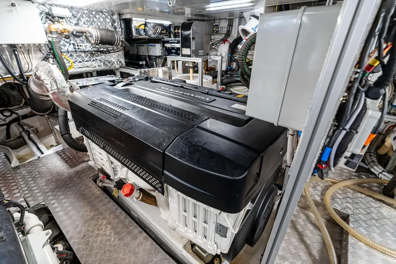 Matzu II Yacht Photos Pics Engine room of 2023 Wally WHY 150 yacht, featuring advanced machinery and equipment.
