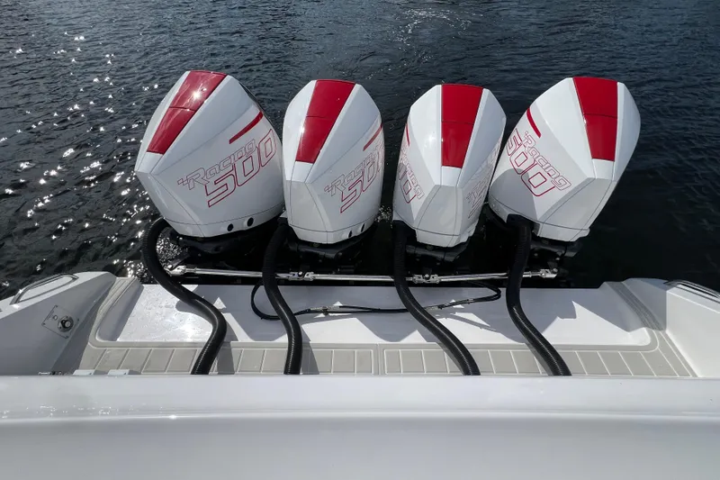  Yacht Photos Pics 2025 Cigarette 41 Nighthawk with four Racing 500 outboard engines on water.