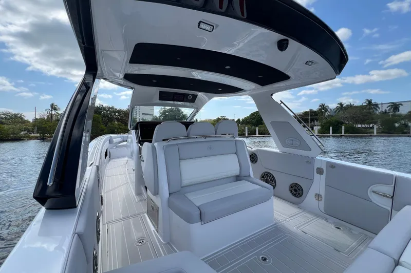  Yacht Photos Pics 2025 Cigarette 41 Nighthawk boat interior with sleek seating and modern design.