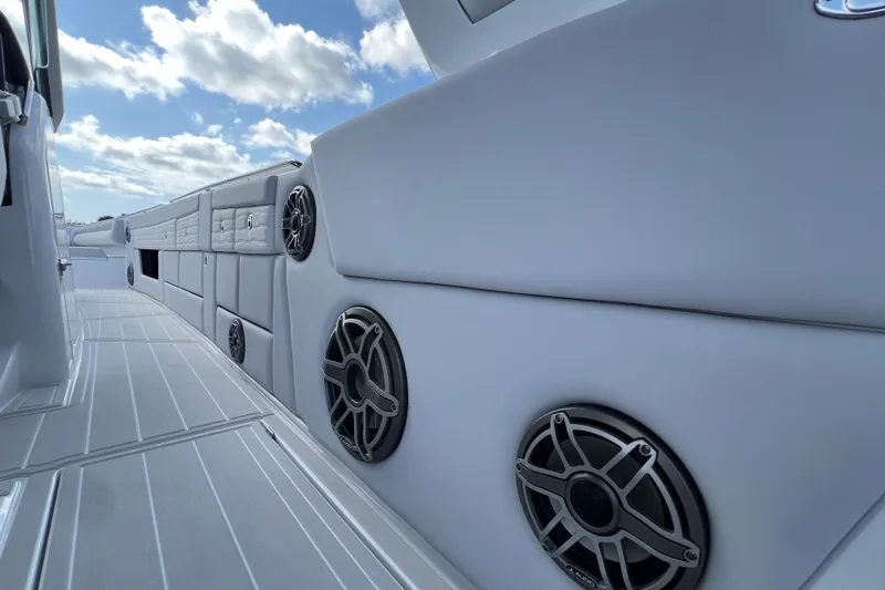  Yacht Photos Pics 2025 Cigarette 41 Nighthawk boat interior with speakers and sleek design.