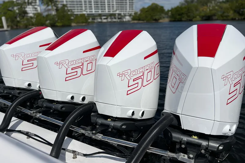  Yacht Photos Pics Four powerful Racing 500 outboard engines on a 2025 Cigarette 41 Nighthawk boat.