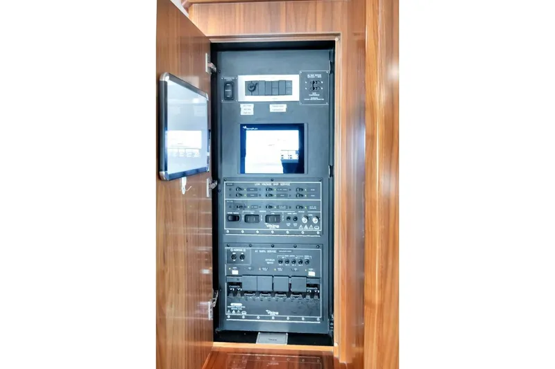 Desparado Yacht Photos Pics Electrical control panel inside 2019 Viking 68 Convertible yacht, featuring advanced systems.